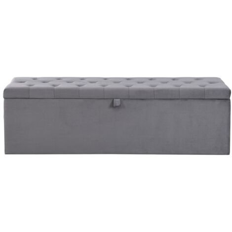 Banc de Rangement Velours Gris avec Coussin et Repose-Pieds Intégré-138x41x42(cm)