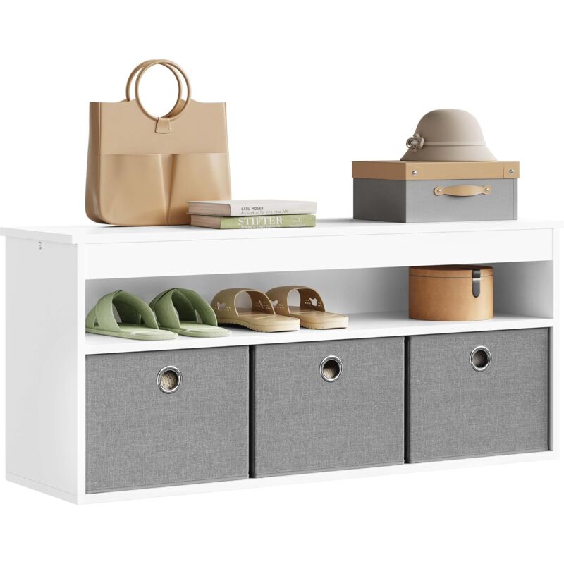 Woltu - Banc de Rangement Banc Chaussures Entrée - Banquette avec 1 Compartiment Ouvert et 3 Tiroirs - en Tissu Amovible - 102x30x45cm - Blanc + Gris