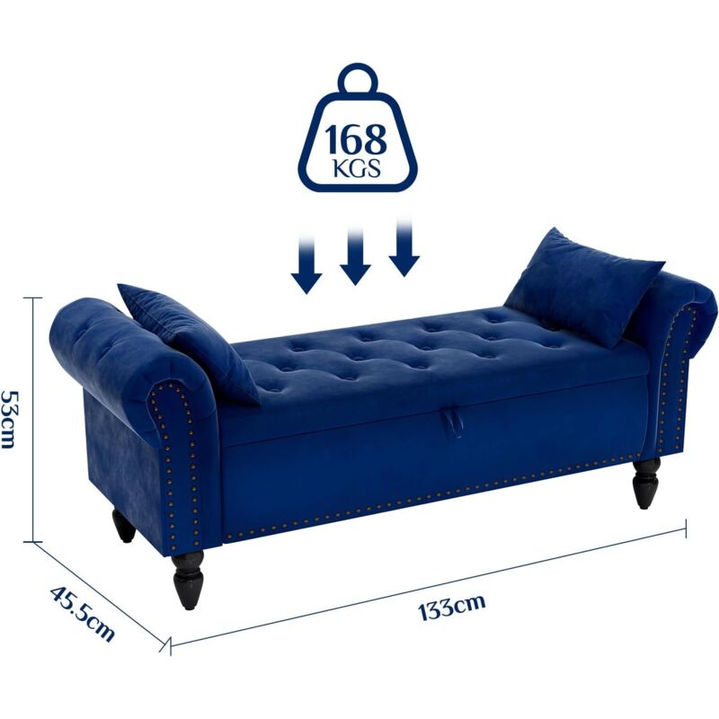 Liferun – Banc de rangement 133cm – Tabouret rembourré – Coffre avec couvercle – Support jusqu'à 168kg – Design en velours bleu élégant