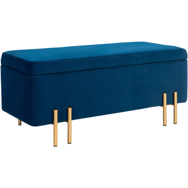 Banc de siège rembourré avec rangement, métal/bois caoutchouc/mousse, 100x40x42 cm, bleu foncé