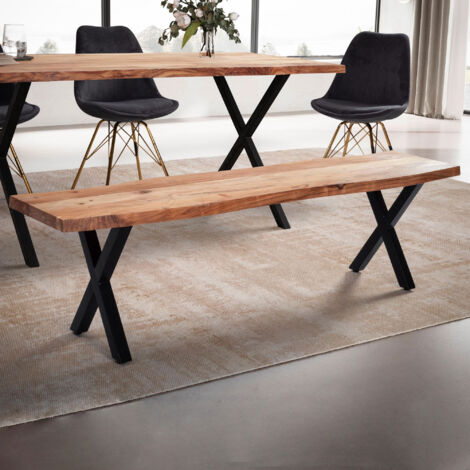 Banc de table pieds croix 140x40x45,5 cm en acacia naturel et métal
