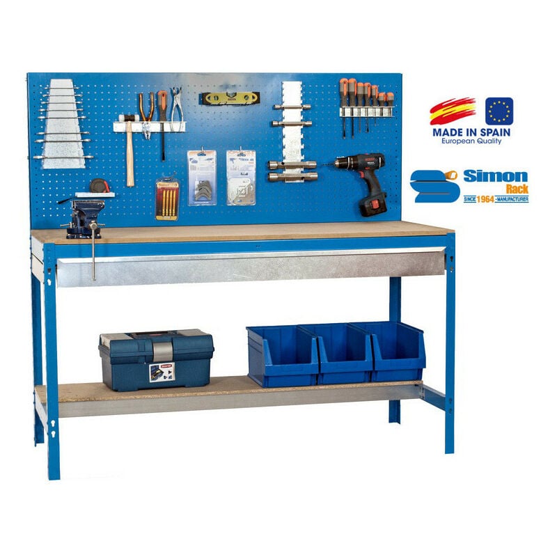 Kit Etabli avec tiroir 1440x1500x600mm - BT-2 box 1500 bleu/bois - Simonrack