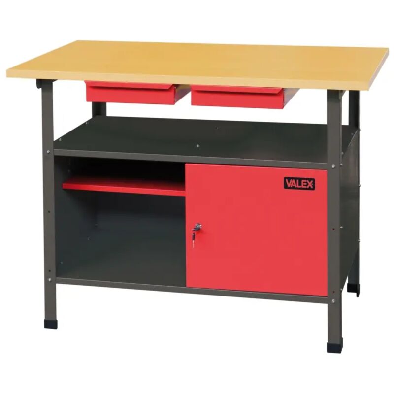 banc de travail Valex en bois et acier avec 2 tiroirs et porte rabattable 120x60x85 cm