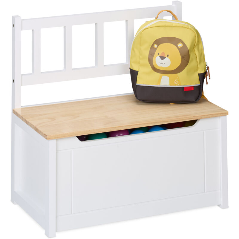 Banc pour enfants avec rangement, couvercle rabattable, 55 x 57 x 31 cm, boîte à jouets, blanc/naturel - Relaxdays