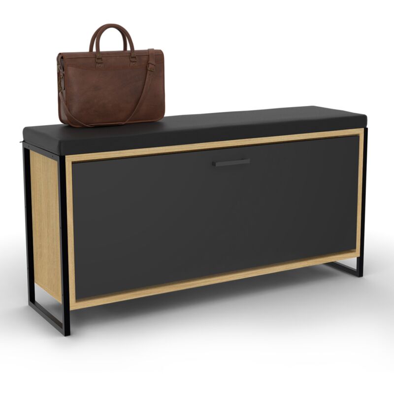 Banc d'entrée BOSTON avec coussin et rangement chaussures noir 100 cm design industriel