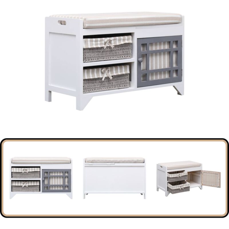 Banc d'entrée Blanc 70 x 33,5 x 45 cm Bois de Paulownia - Banc D'entrée - Banc Coffre - Meuble D'entrée - Rangement Intérieur - Mobilier Salle