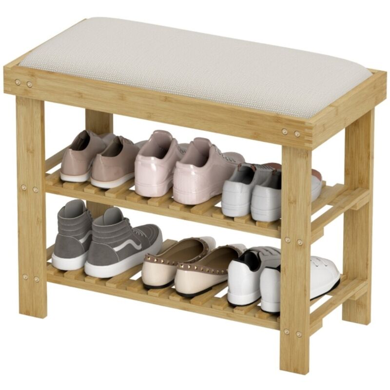 Banc d'entrée blanc crème 60x29x49 cm, banc avec assise et rangement 2 compartiments pour entrée salon