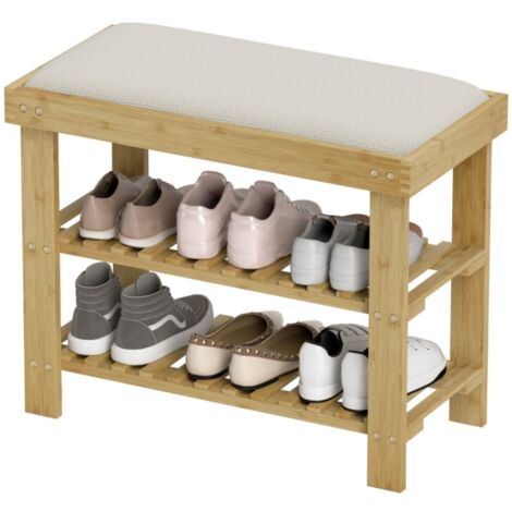 Banc d'entrée blanc crème 60x29x49 cm, banc avec assise et rangement 2 compartiments pour entrée salon