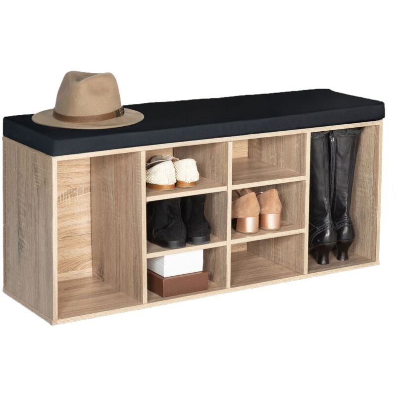 Banc d'entrée chaussures teo bois imitation hêtre et coussin noir
