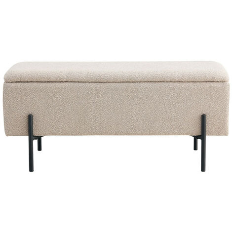 Banc coffre en tissu bouclette beige 95x36,5x43cm – Piètement métal noir – Rangement discret pour entrée ou séjour – House Nordic