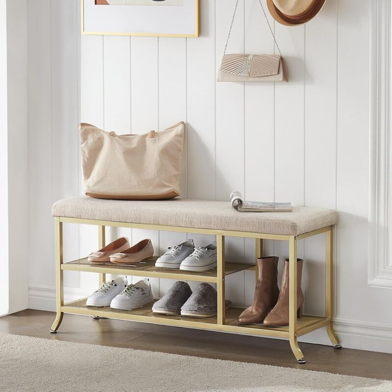 Banc D'entree Dore ,Meuble à Chaussures,Porte-Chaussures à 3 Niveaux,Rangement Avec Siège Rembourré, Cadre Métallique,100x32x 45CM