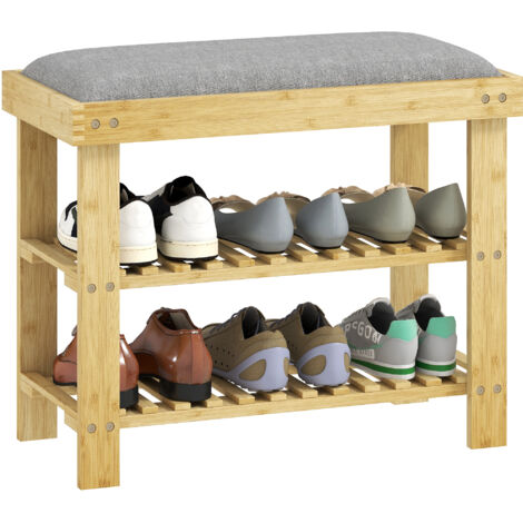 Banc d'entrée en bambou avec coussin et rangement pour chaussures 60 x 29 x 49 cm gris