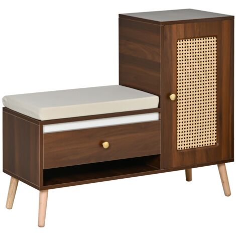 Banc d'entrée en rotin avec rangement à chaussures, tiroirs, porte et coussin, meuble à chaussures multifonctionnel 95,5x35x80,5 cm - noyer