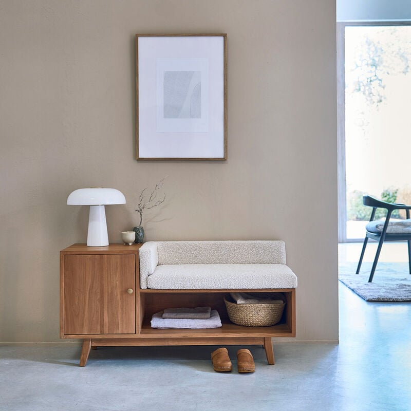 Banc d'entrée en teck massif et tissu bouclette 120 cm