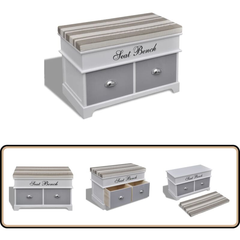 Banc d'entrée et de rangement avec coussin gris 2 tiroirs Blanc - Banc Coffre - Banc Rangements - Meuble Entrée - Rangement Intérieur - Banc Rembourré
