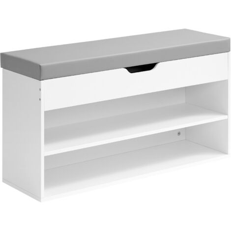 Banc d’Entrée Rembourré, 3 Compartiments, pour Salon ou Chambre, Assise Confortable, Blanc et Gris