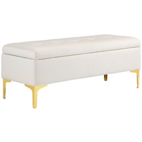 Banc d'Entrée Rembourré avec Coffre de Rangement, Velours beige, Pieds métal - 120x44x44.5 cm - Pour couloir, salon, chambre