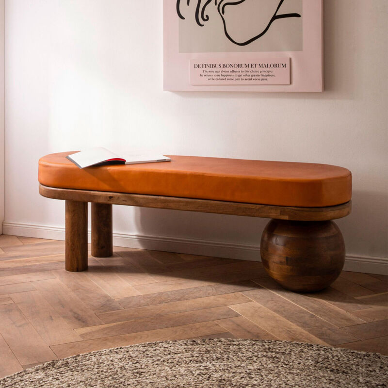 Banc design 140x40x47 cm en cuir cognac et bois de manguier marron Banc design 140x40x47 cm en cuir cognac et bois de manguier marron