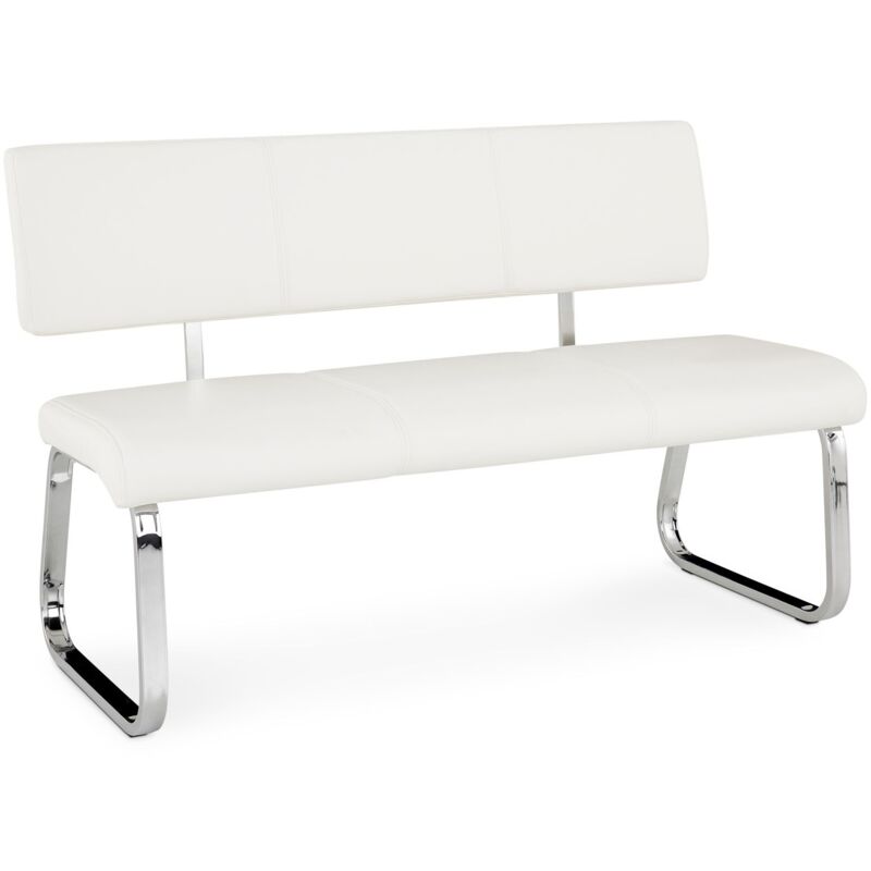 Banc design VILAS siège avec 3 places, banquette au piètement chromé et dossier au revêtement synthétique blanc