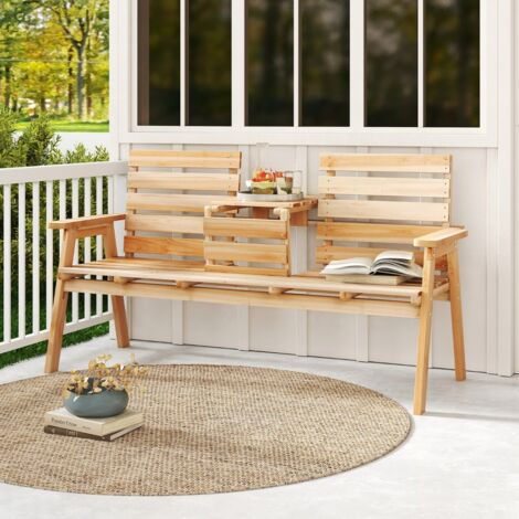 Banc D'extérieur en Bois de Sapin avec Table Centrale Pliable Banc de Jardin pour 2 à 3 Personnes avec Dossier Capacité de 320 KG Naturel