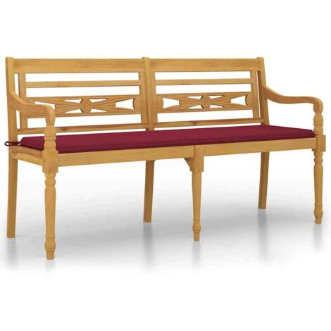 Banc d'intérieur，Banc Batavia avec coussin rouge bordeaux 150cm Bois teck massif CFW65531