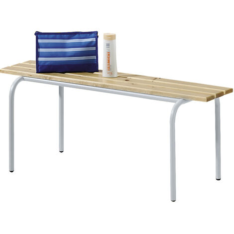 Banc empilable pour vestiaires – Longueur 1200 mm – Hauteur d'assise 467 mm – Bois massif verni et acier époxy gris clair – Patins résistants à l'usure – Certeo
