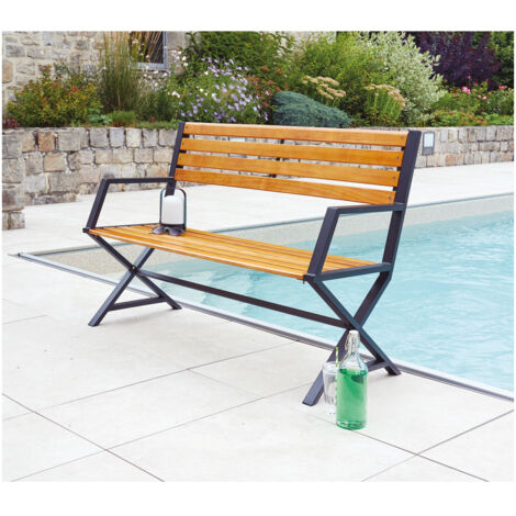 Banc en acier de couleur noir et pin couleur teck Noir 131x54 cm