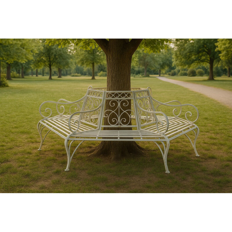Biscottini - Banc d'arbre en fer 153x153x86 Banc rond Banc d'arbre circulaire extérieur Banc en fer Canapé de jardin Finition blanche