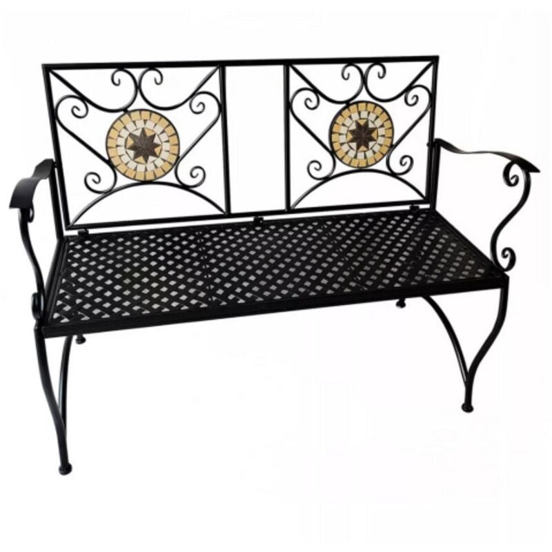 Banc en me'tal Esmeralda avec de'corations en mosaique de pierre sur dossier deux places pour jardin