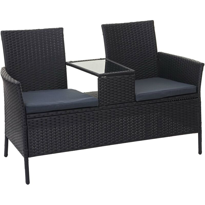 Banc en polyrotin avec table fauteuils chaises de jardin 132cm noir coussin gris foncé