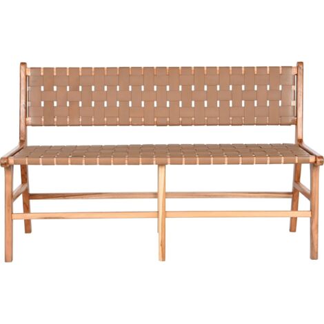 Banc en teck et cuir pour salon chic et élégant - Beige clair et cuir naturel