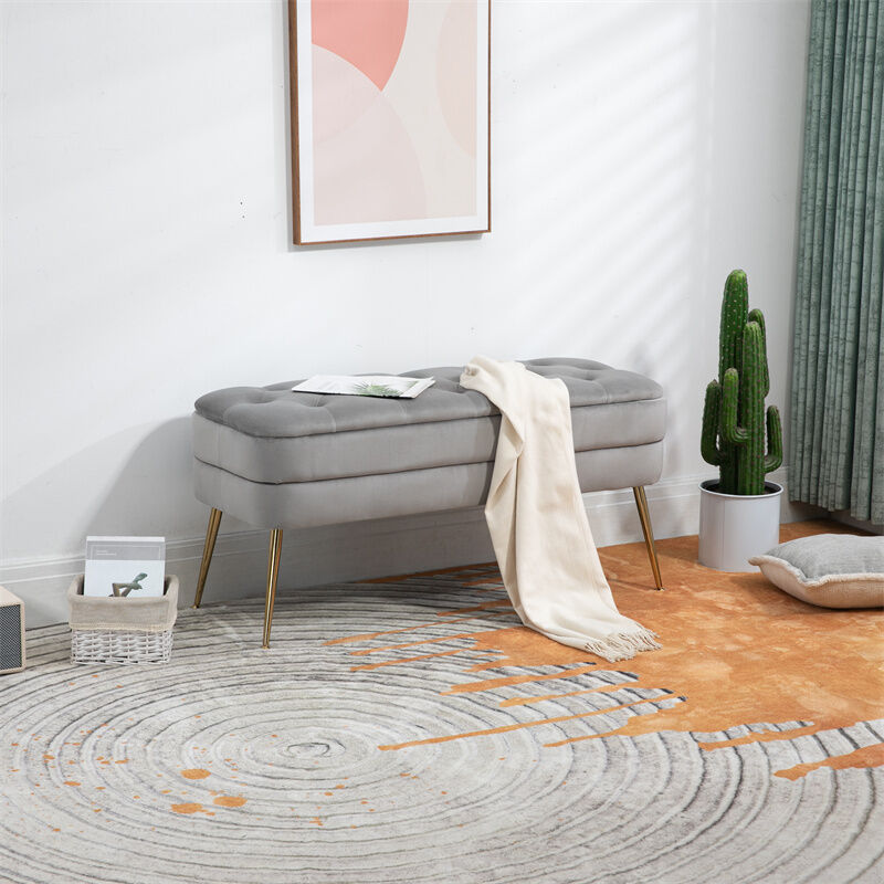 Banc en tissu rembourré avec charnière de sécurité, banc tabouret de Lit Banquette avec Espace de Rangement 104x40x51cm Gris
