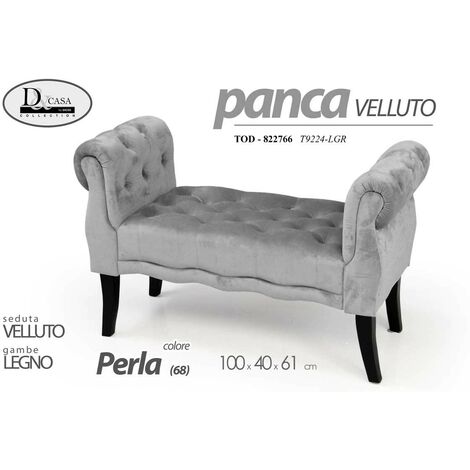 Banc en velours gris perle avec pieds en bois