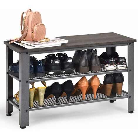 Banc/Etagère à Chaussures en Bois+Métal Style Indutriel avec 3 Etagères de Rangementet 4 Pieds Gris