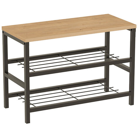 Banc Étagère Meuble à chaussures à 2 niveaux de rangement cadre en acier noir - Longueur 65 x Hauteur 45 x Profondeur 30 cm