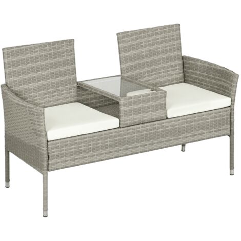 Banc extérieur 2 places avec table basse, acier et rotin PE, 137x59x82 cm, gris et crème