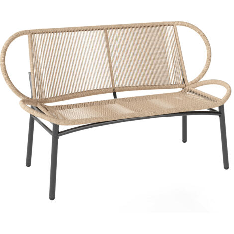 Banc extérieur 2 places en résine tressée naturelle, cadre métal solide, assise confortable pour jardin ou terrasse, résistant aux intempéries, design moderne et durable.