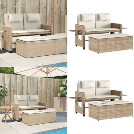 Banc inclinable de jardin avec coussins beige résine tressée - Banc De Jardin - Jardin - Mobilier De Jardin - Chaise Longue - Canapé Convertible - Home & Living