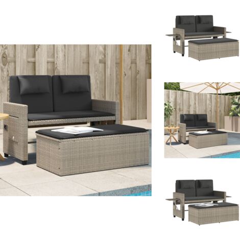 Banc inclinable de jardin et coussins gris clair résine tressée - Banc De Jardin - Meuble De Jardin - Chaise Longue - Salon De Jardin - Ensemble De Jardin