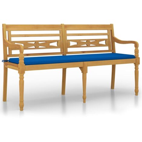 Banc jardin  Banc extérieur  Banquette de jardin Batavia avec coussin bleu royal 150 cm Bois de teck massif
