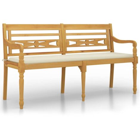 Banc jardin  Banc extérieur  Banquette de jardin Batavia avec coussin crème 150 cm Bois de teck massif