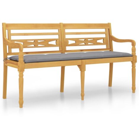 Banc jardin  Banc extérieur  Banquette de jardin Batavia avec coussin gris 150 cm Bois de teck massif