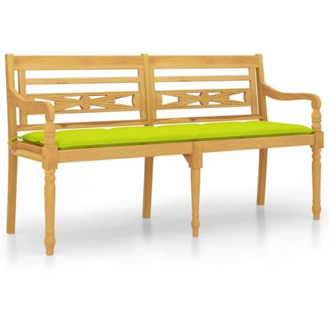 Banc jardin  Banc extérieur  Banquette de jardin Batavia avec coussin vert brillant 150 cm Bois teck massif