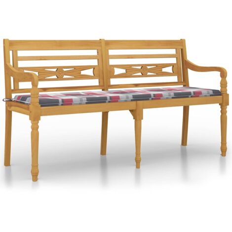 Banc jardin  Banc extérieur  Banquette de jardin Batavia coussin à motif de carreaux rouges 150cm Bois teck