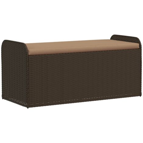 Banc jardin  Banc extérieur  Banquette de jardin de rangement et coussin marron 115x51x52 cm résine tressée
