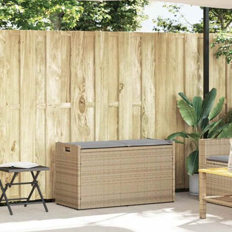 Banc jardin  Banc extérieur  Banquette de jardin de rangement extérieur coussin beige 100 cm résine tressée