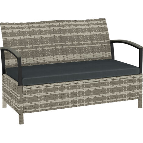 Banc jardin rangement banc 2 places coussins barres maintien 125 L rotin poly 123x70x82 cm gris argent