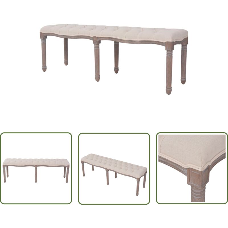 Youthup - The Living Store Banc Lin Bois massif 150 x 40 x 48 cm Blanc crème - Banc Design - Banc Vintage - Banc Tissu - Banc Bois - Meuble Salon