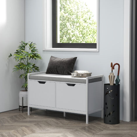 Banc meuble à chaussures. 2 placards. meuble d'entrée avec coussin rembourrée. 84l x 35P x 50H cm. blanc
