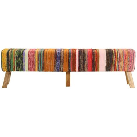 Banc multicolore 160 cm tissu chindi et bois de manguier massif CFW468493